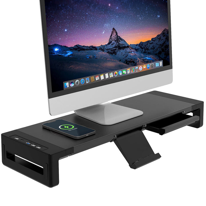 Monitor raised to eye level on a riser with USB hub